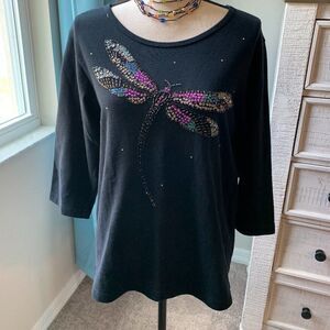 Quaker Factory Black Sequin Dragon Fly T-shirt M